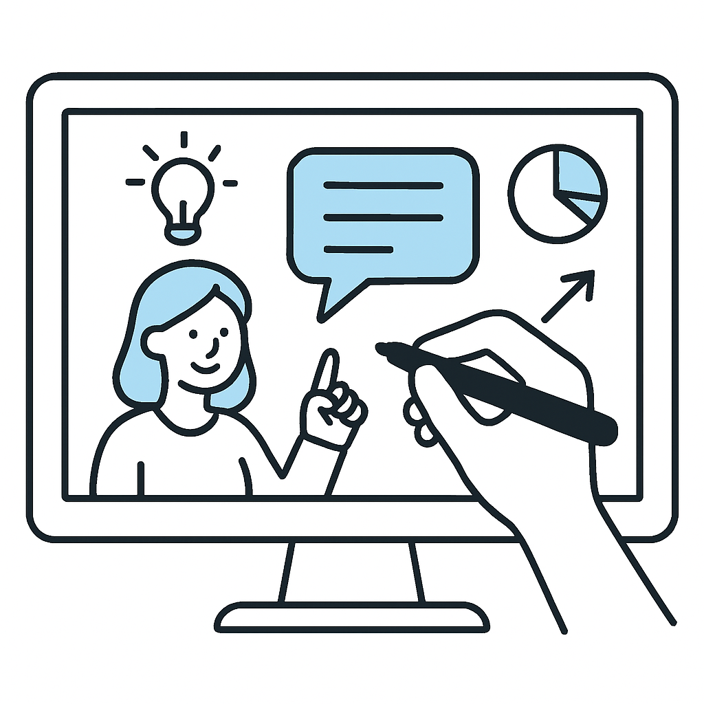 Illustration of a hand drawing a whiteboard animation on a screen